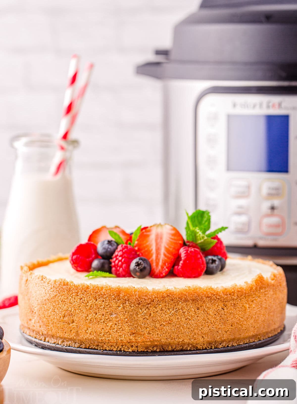 A beautifully decorated whole Instant Pot cheesecake, garnished with fresh berries on top, sits invitingly in front of an Instant Pot.