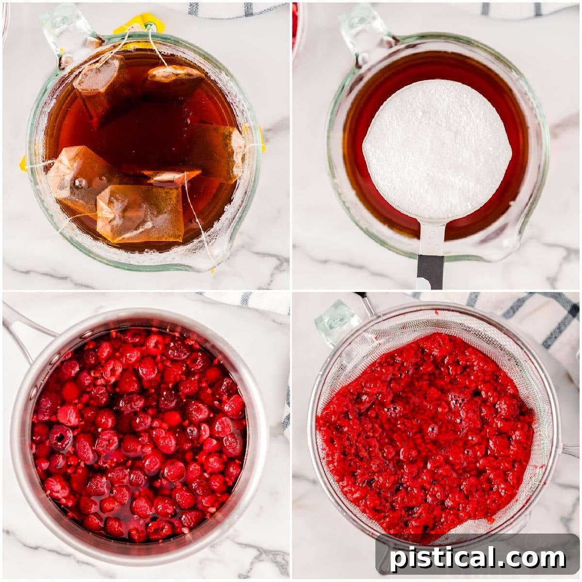 Ruby Red Raspberry Refresher 5 four image collage showing step by step how to make raspberry iced tea.