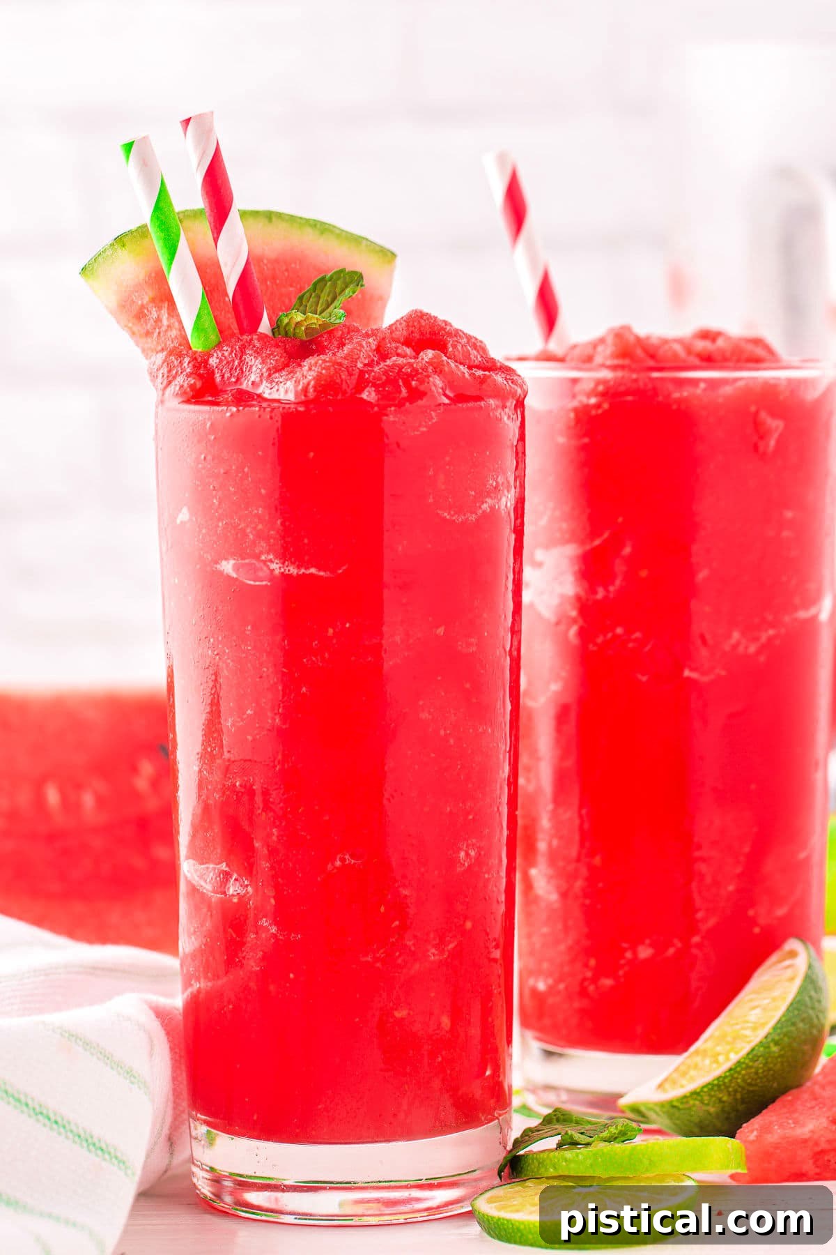 Two tall glasses brimming with bright red watermelon slushie, garnished with fresh watermelon wedges, ready to be enjoyed on a hot day.
