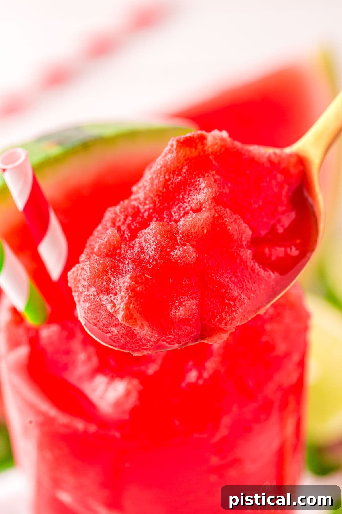 A spoonful of vibrant red watermelon slushie being held above a glass filled with the frosty drink, showcasing its icy texture.