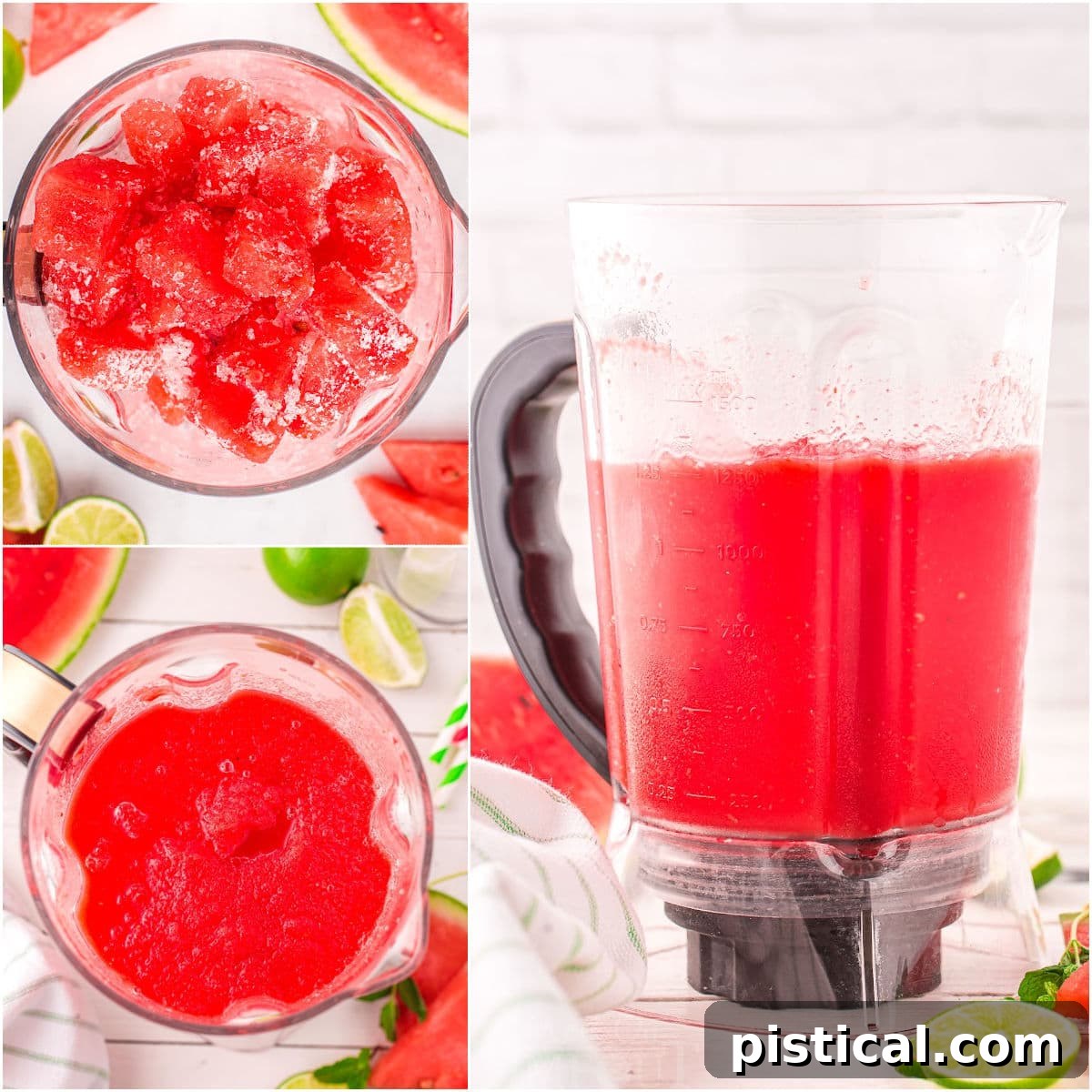 A three-image collage visually demonstrating the step-by-step process of making a watermelon slushie, from freezing the watermelon to blending and serving.