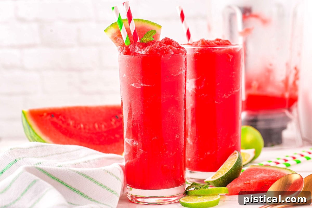 Two tall glasses of bright red watermelon slushie adorned with watermelon wedges, with a blender and a large watermelon wedge visible in the background.