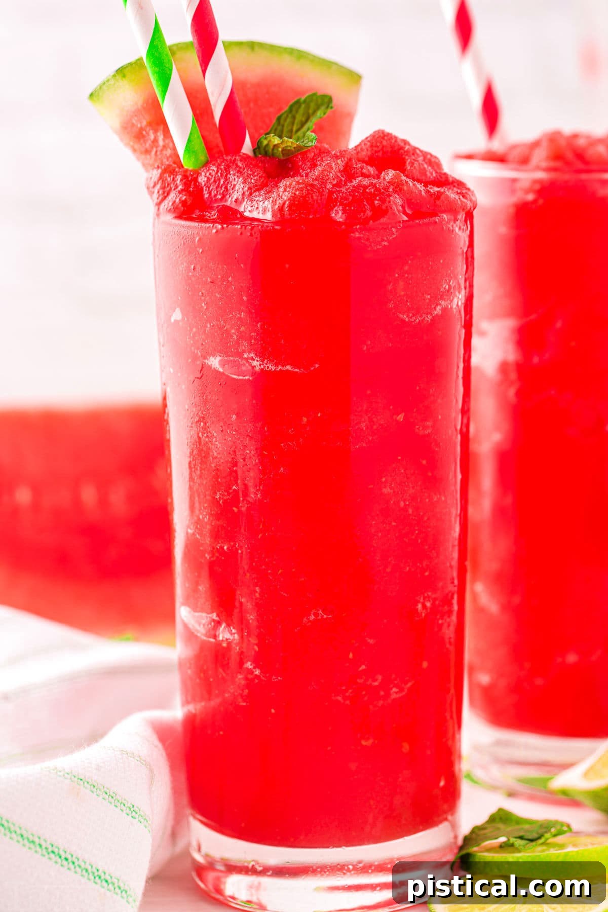 Two tall glasses filled with bright red watermelon slushie, garnished with a watermelon wedge and ready to be served.
