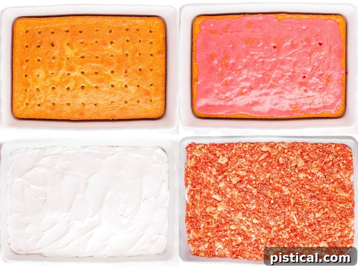 four image collage showing how to make a strawberry poke cake with crunch topping.