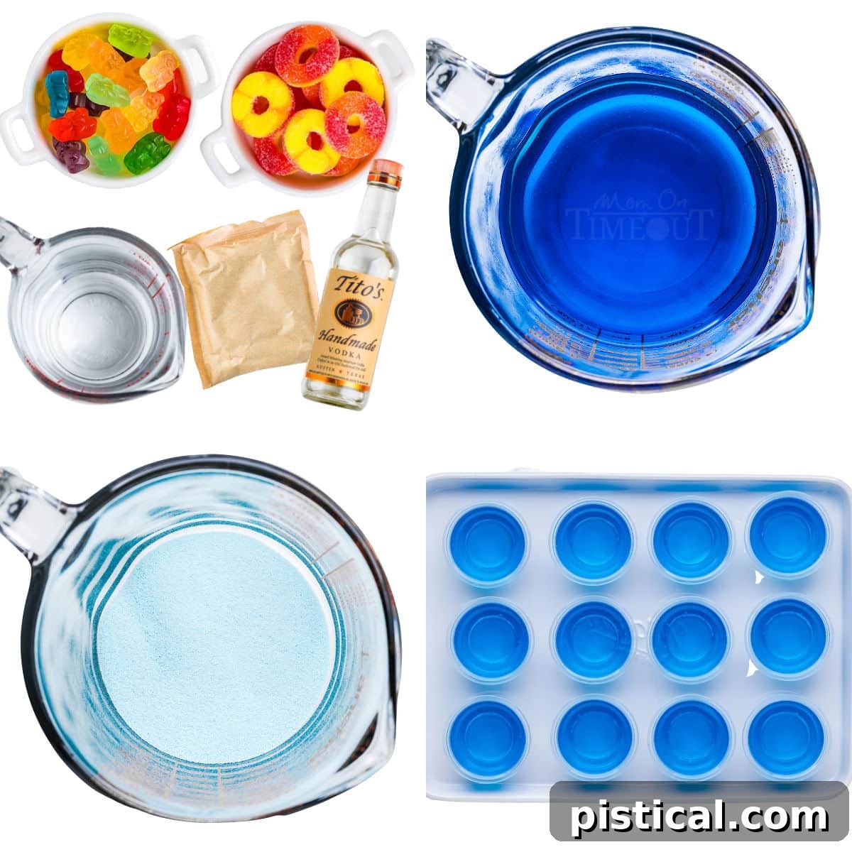 four image collage showing step by step how to make pool party jello shots.