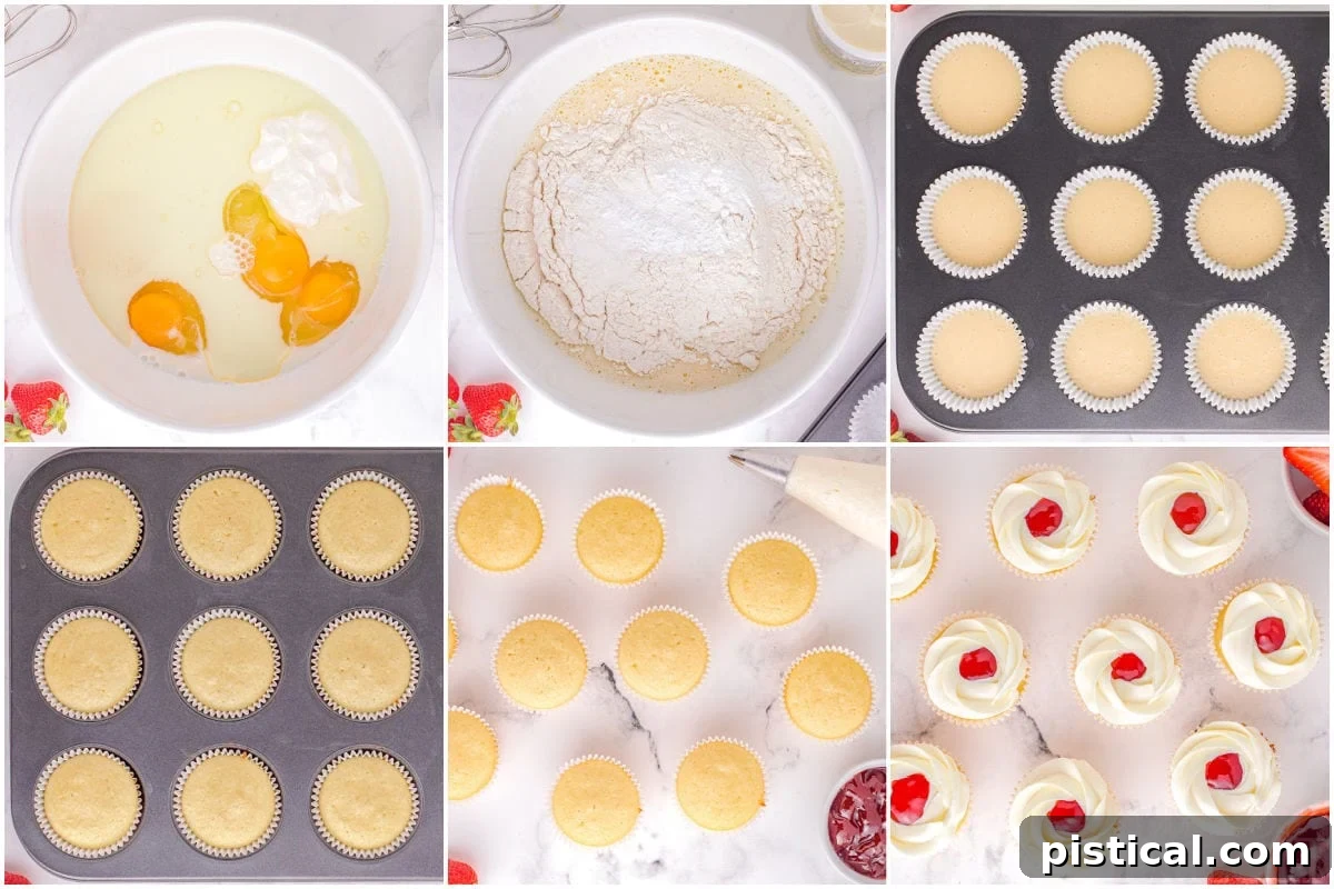 Six-image collage demonstrating the step-by-step process of making strawberry shortcake cupcakes, from mixing batter to frosting and garnishing.