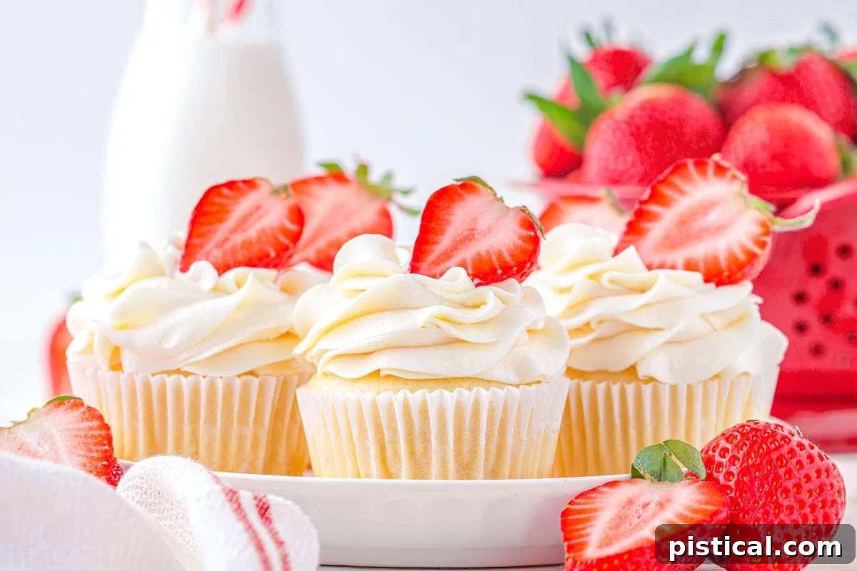 Five vanilla cupcakes topped with vanilla buttercream frosting and filled with strawberry jam, arranged on a white plate. Each cupcake is garnished with a fresh strawberry half.