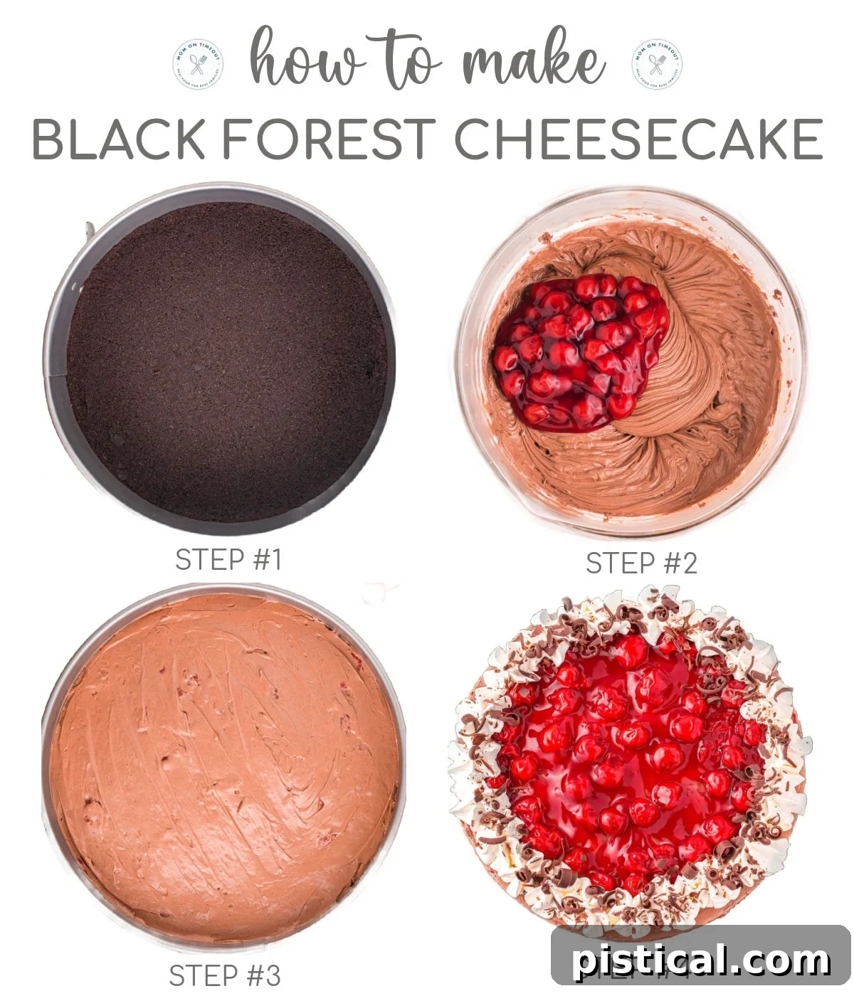 Four image collage showing step-by-step process of making no bake black forest cheesecake: crushing Oreos, mixing filling, spreading filling on crust, and garnishing.