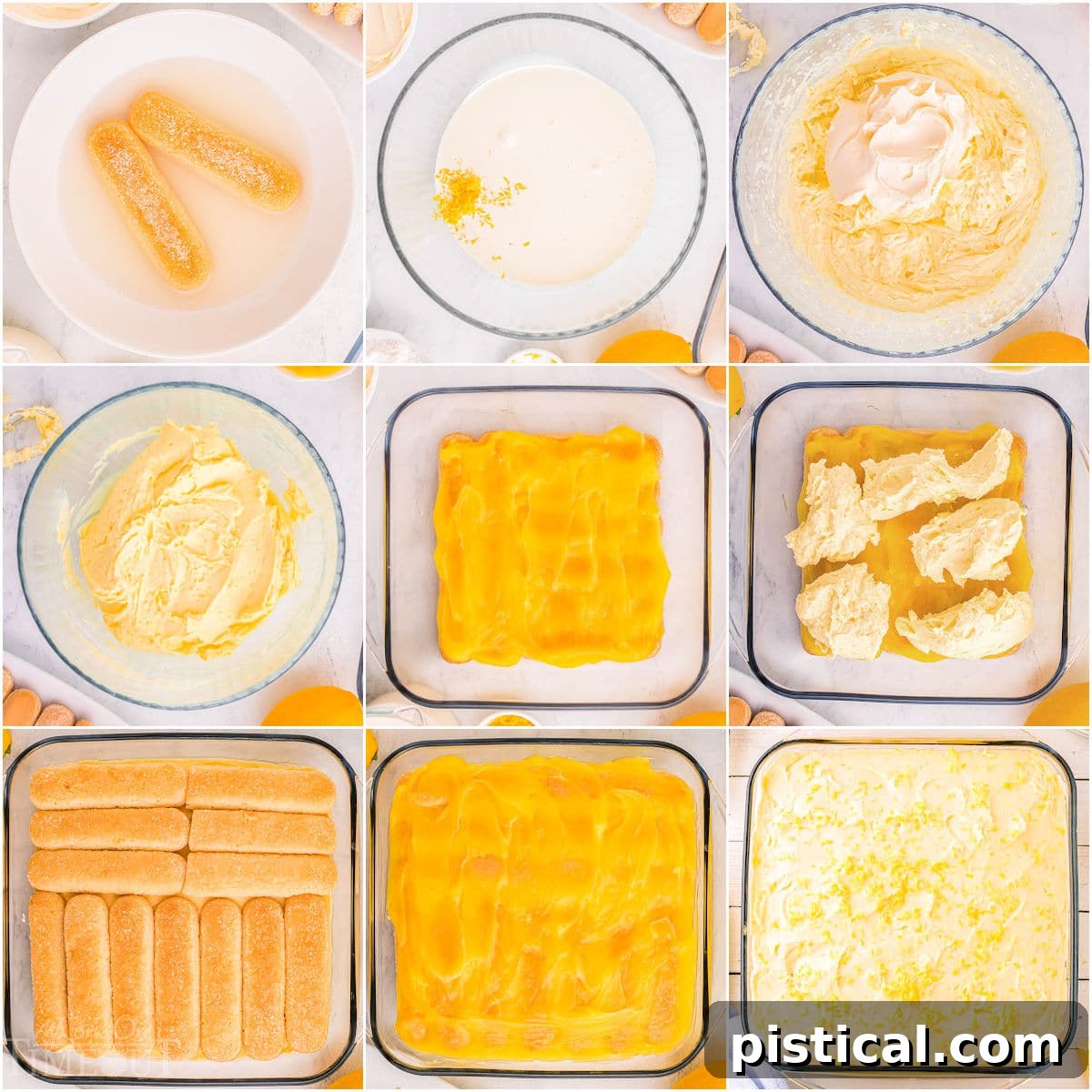 A nine-image collage demonstrating the step-by-step process of preparing and assembling the lemon tiramisu dessert, from ingredients to final layers.