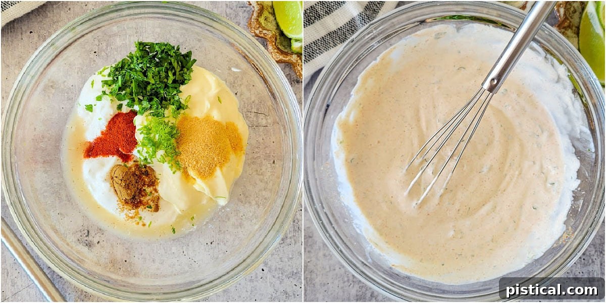 Easy Crispy Fish Tacos 4 A two-image collage illustrating the simple steps to prepare the creamy and zesty fish taco sauce, ready to elevate your homemade tacos.