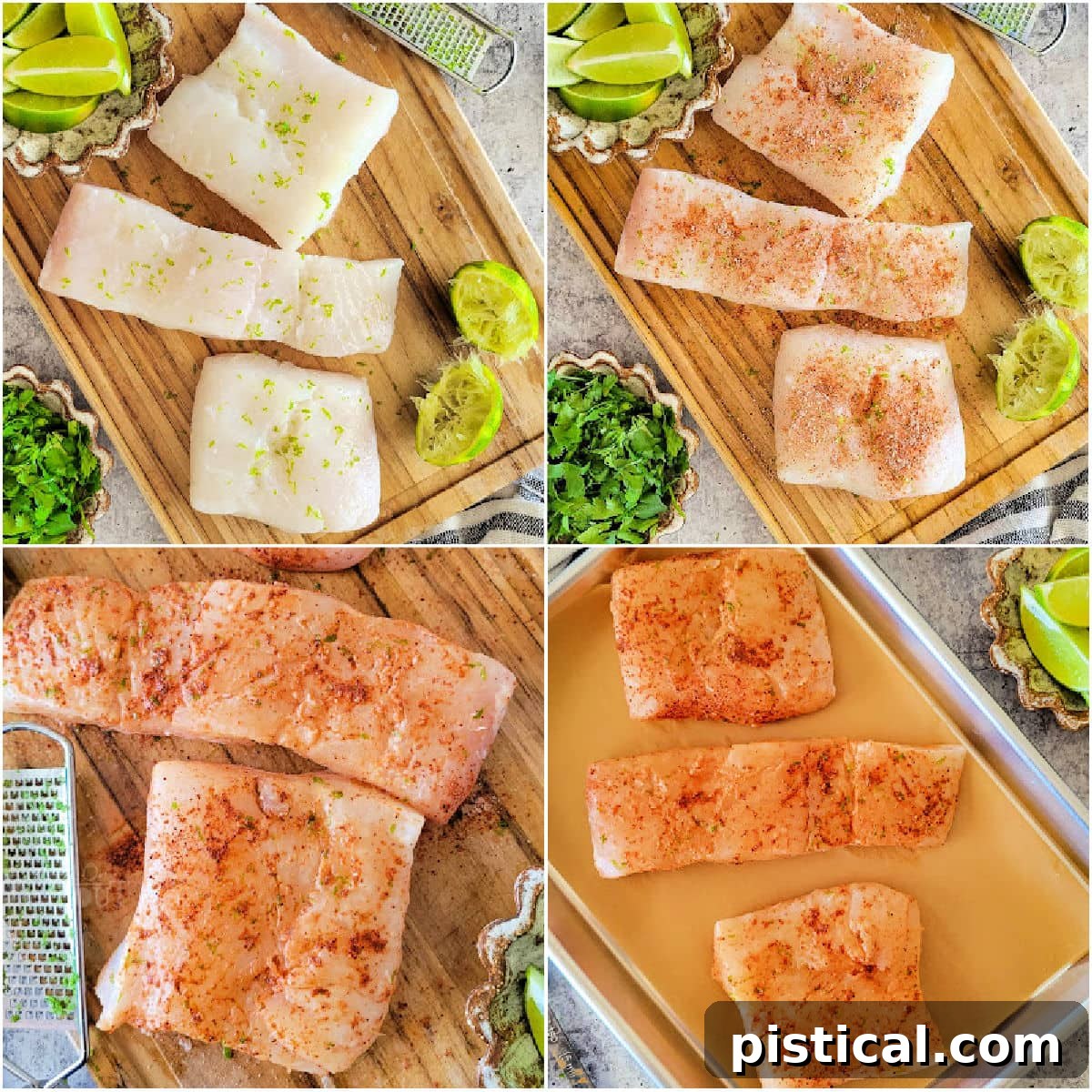 Easy Crispy Fish Tacos 5 A four-image collage showcasing the detailed steps involved in seasoning and cooking the fish for delicious homemade tacos, ensuring perfect texture and flavor.