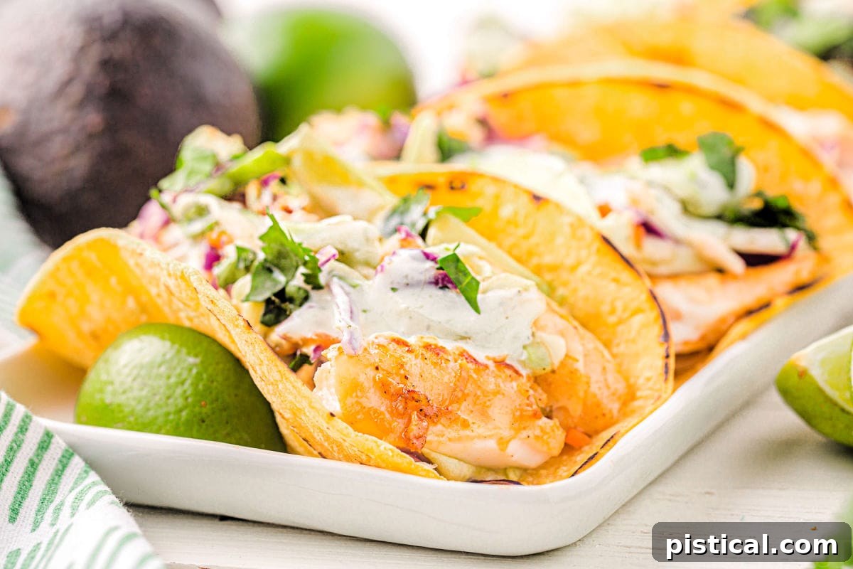 Easy Crispy Fish Tacos 6 A beautifully plated fish taco recipe, fully assembled with tender fish, crisp cabbage, fresh avocado, vibrant cilantro, and a drizzle of creamy fish taco sauce, ready to be enjoyed.
