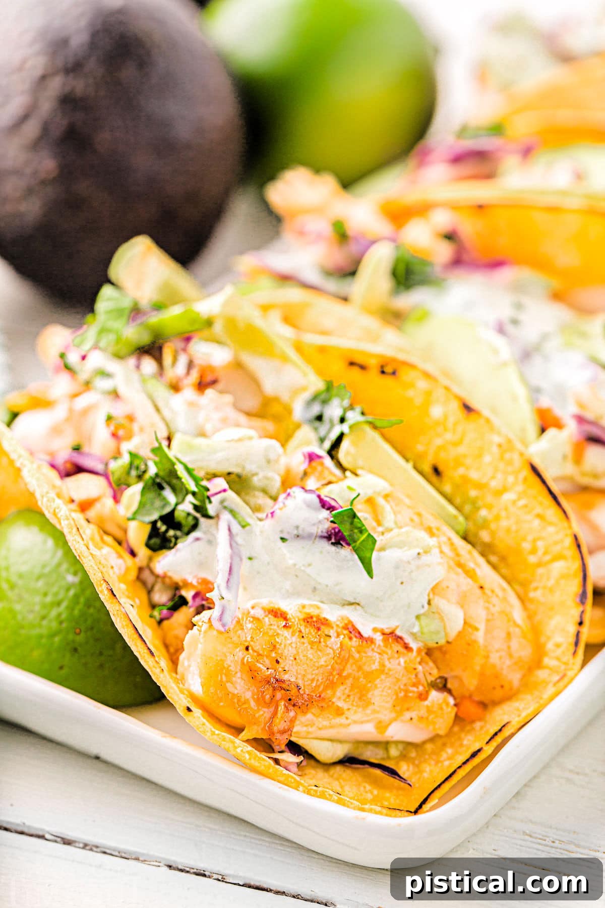 Easy Crispy Fish Tacos 7 Three mouthwatering fish tacos presented on a white platter, generously topped with creamy fish taco sauce and fresh cilantro. Bright lime wedges are nestled alongside, completing this inviting and easy-to-make dish.