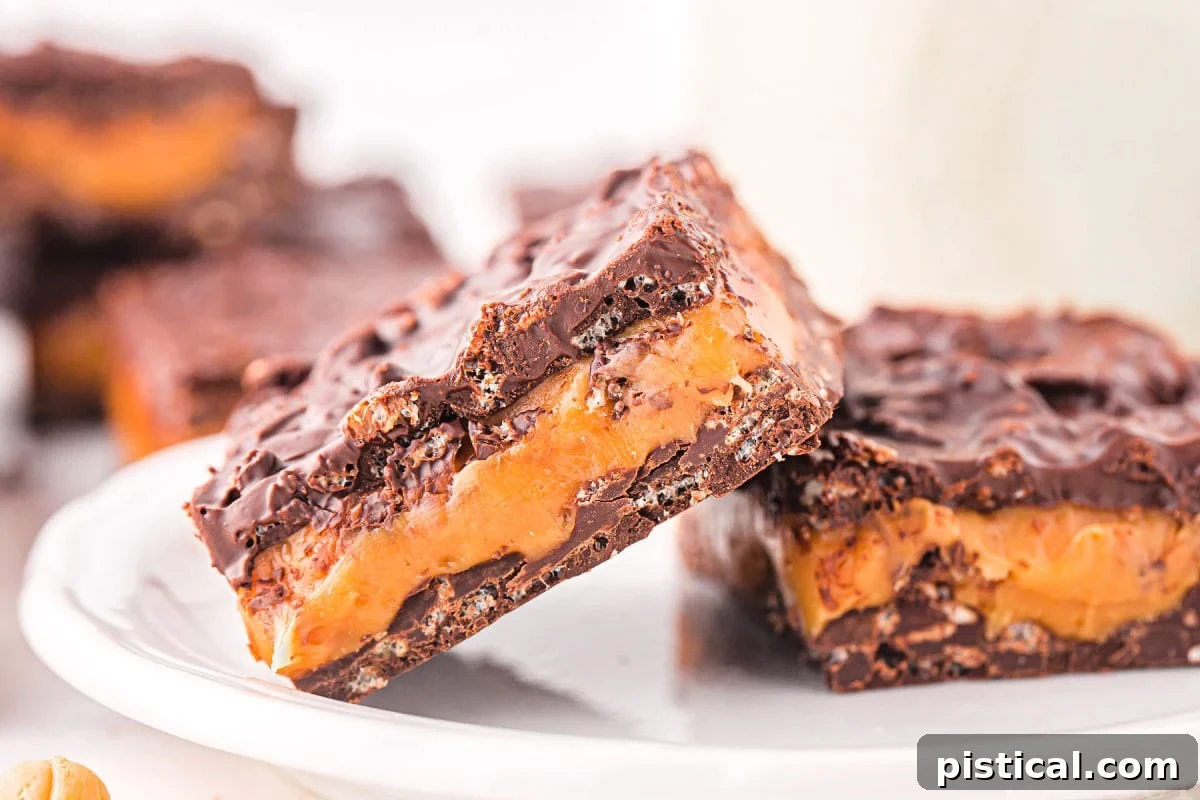 two chocolate caramel bars on a white plate with one bar leaning up on the other. more bars can be seen in the background.