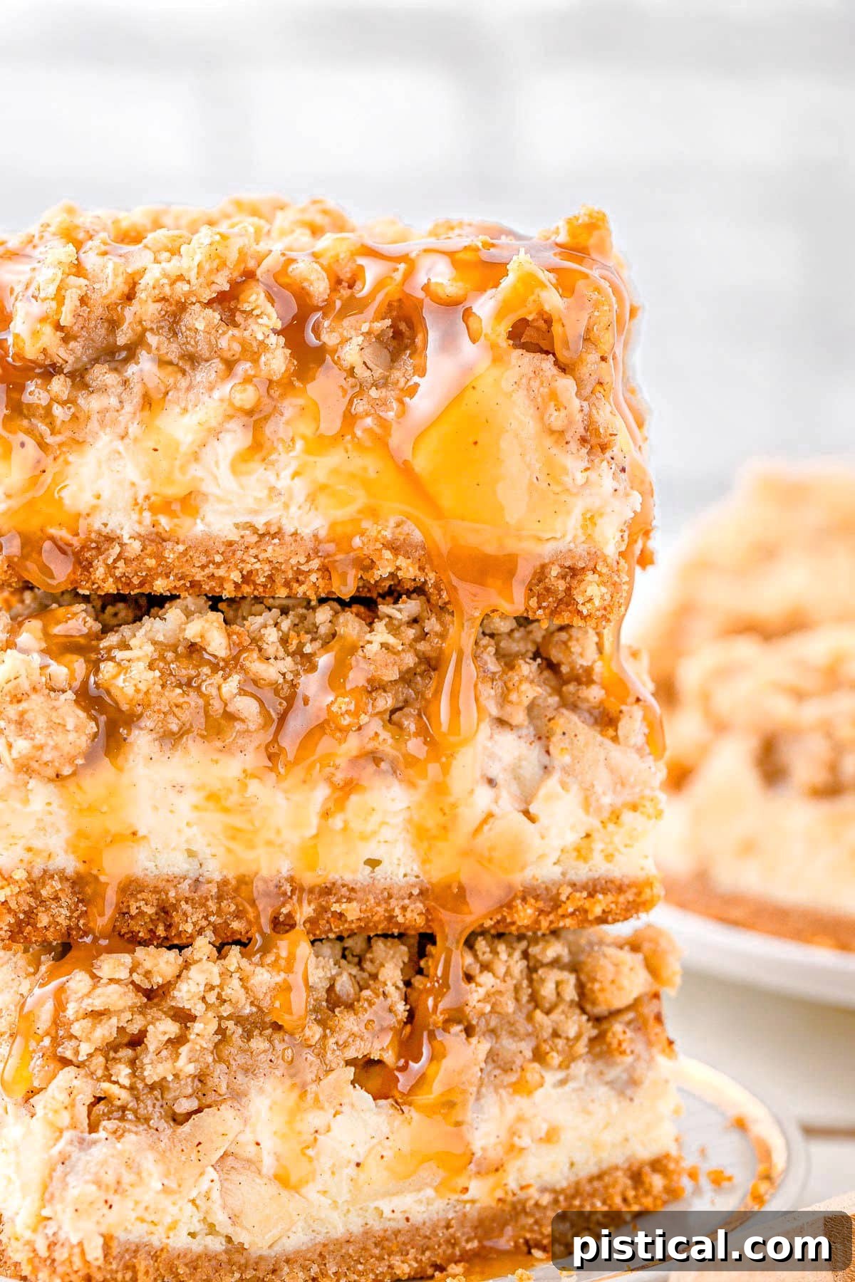 Spiced Caramel Apple Cheesecake Bars 2 Three caramel apple cheesecake bars stacked on a white plate with a gold rim. Rich caramel sauce is generously drizzled on top of the bars, highlighting their delectable layers.