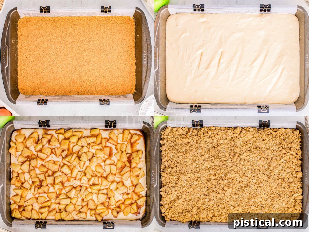Spiced Caramel Apple Cheesecake Bars 5 A four-image collage illustrating the assembly process of the caramel apple cheesecake bars, showing each distinct layer being carefully placed on top of the other.