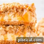 Spiced Caramel Apple Cheesecake Bars 7 Two caramel apple cheesecake bars stacked on a white plate with a gold rim. Caramel sauce is drizzled on top of the bars, ready to be enjoyed.
