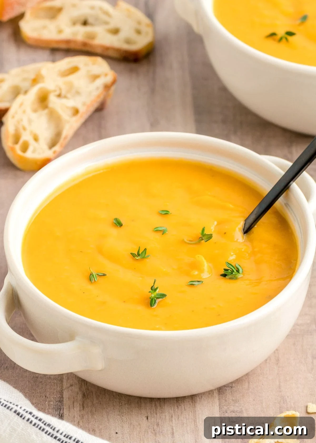 white round bowl filled with butternut squash soup topped with fresh thyme. a black spoon is in the bowl.