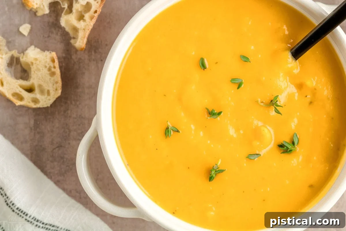 top down shot of roasted butternut squash soup in bright white round bowl topped with fresh thyme.