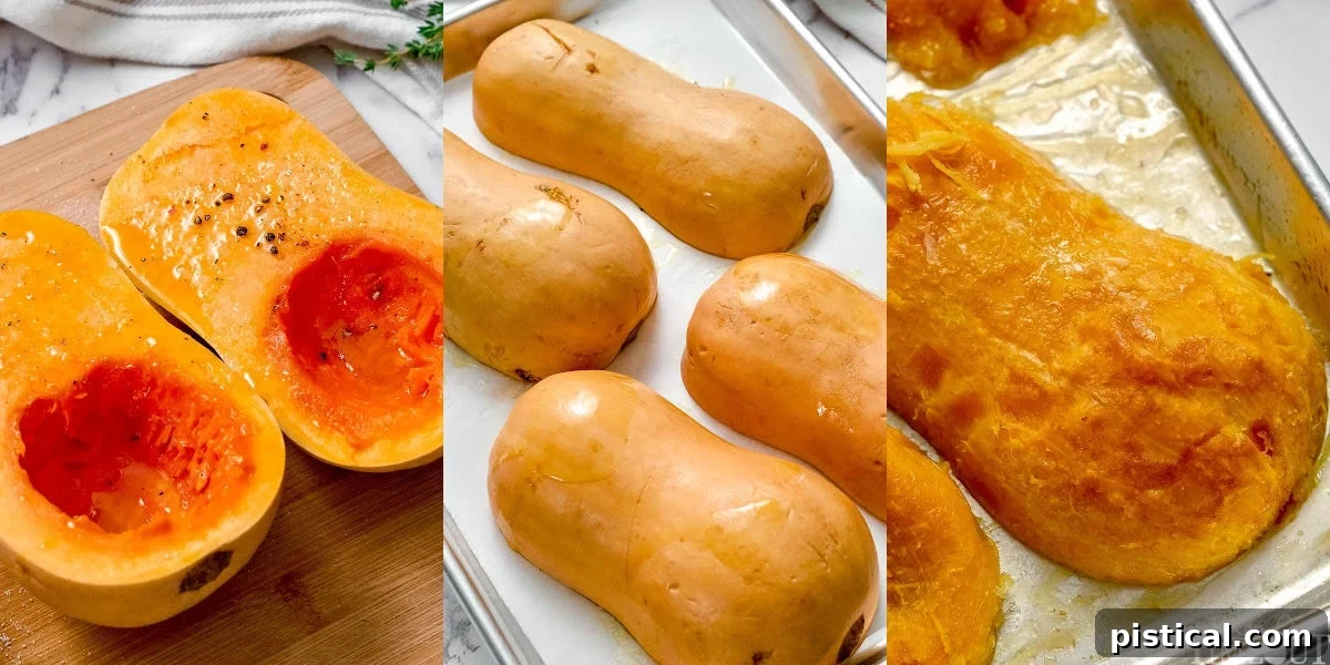 three image collage showing how to roast butternut squash.