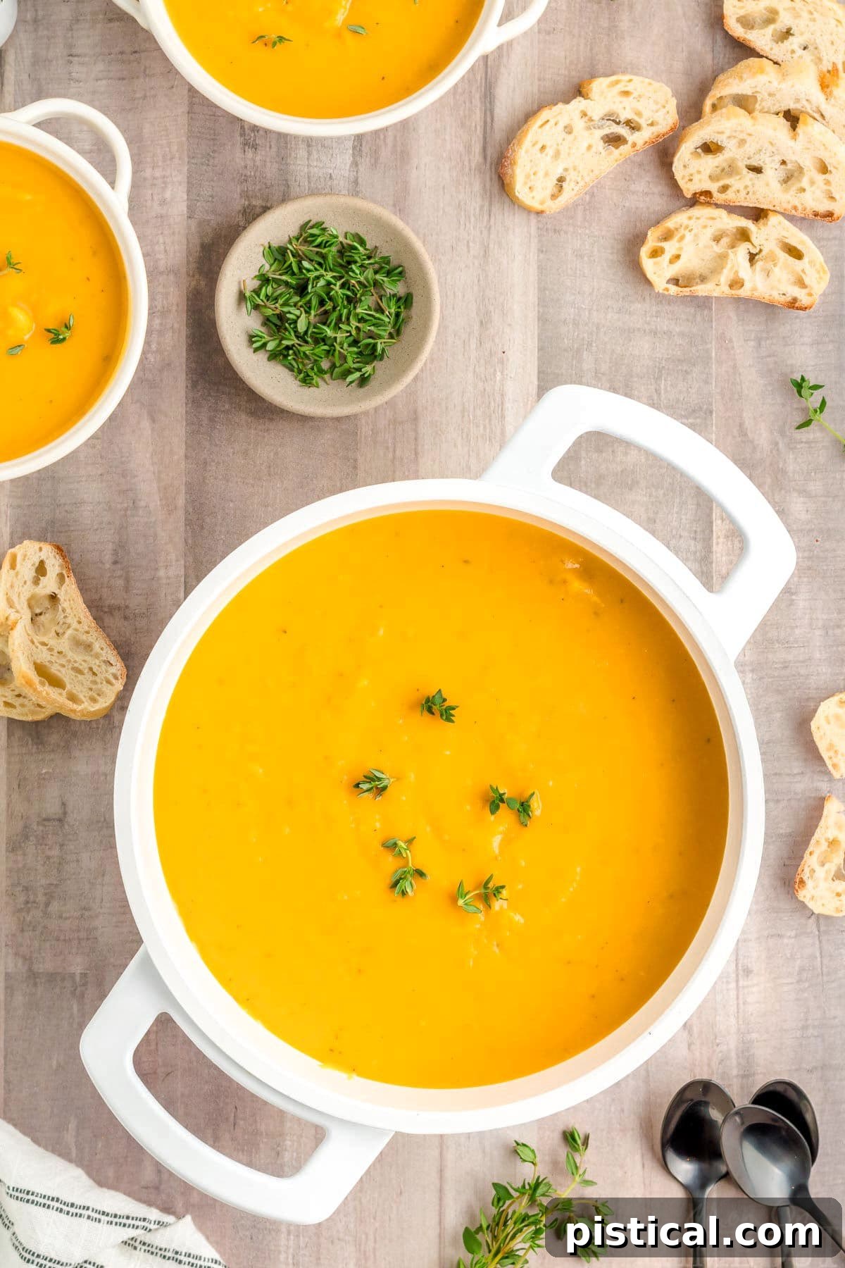 top down view of butternut squash soup in large white bowl with two smaller white bowls to the side. 