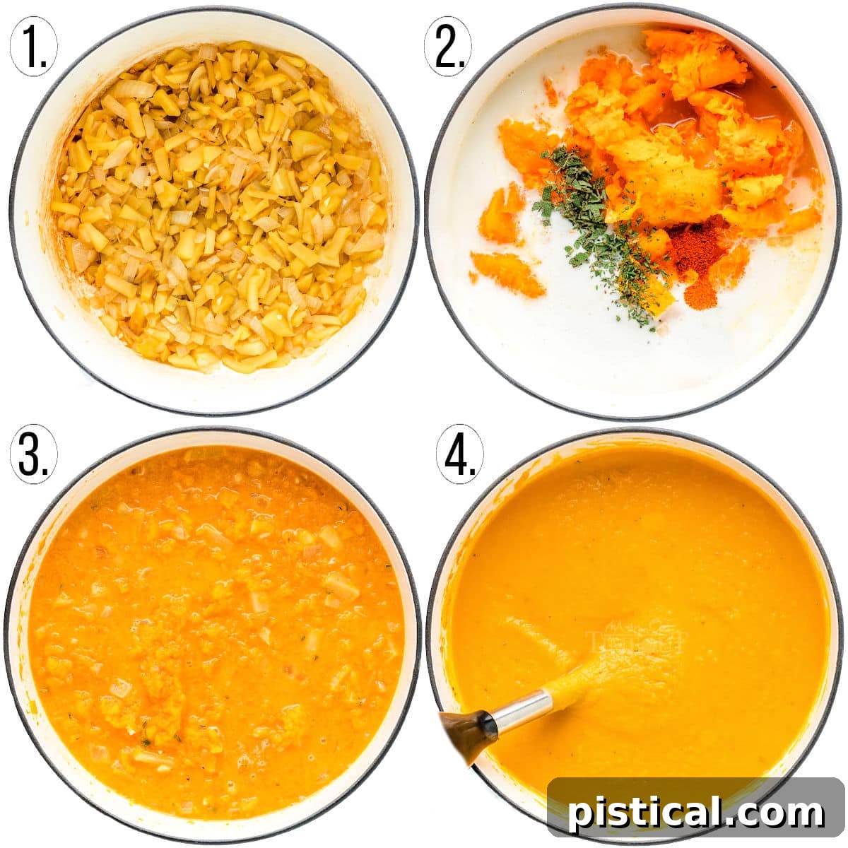 number four image collage showing step by step how to make roasted butternut squash soup.