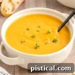 white round bowl filled with butternut squash soup topped with fresh thyme. a black spoon is in the bowl.