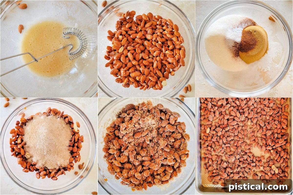 Six image collage showing how to make candied almond step by step from an overhead perspective.