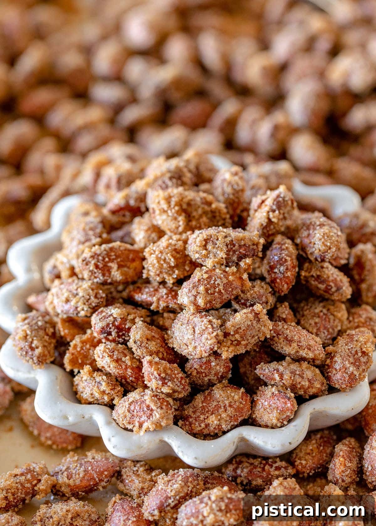 Homemade candied almonds recipe in a small white bowl surrounded by more almonds on a sheet pan.