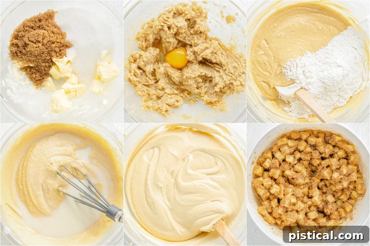 A six-image collage illustrating the step-by-step process of preparing an apple coffee cake, from mixing ingredients to layering.