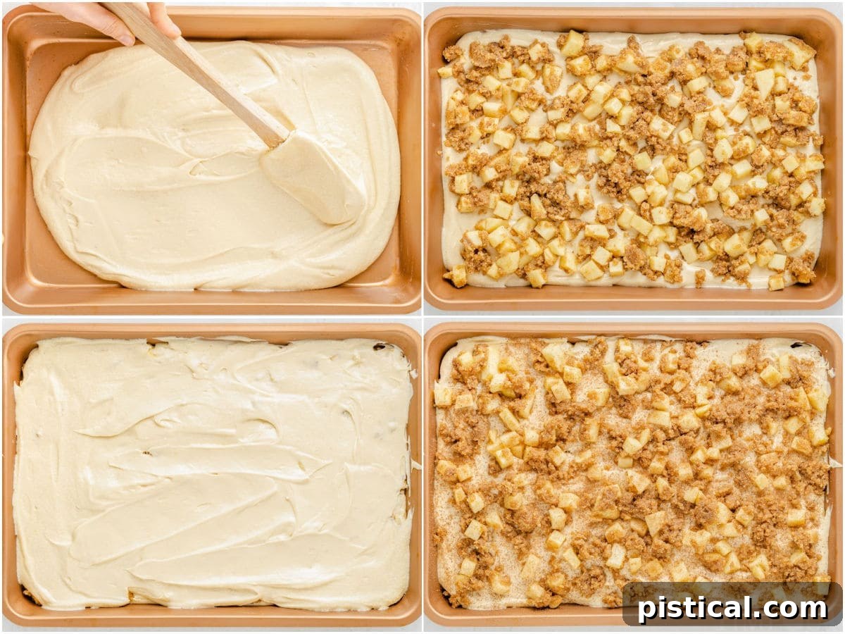 A four-image collage demonstrating the layering process of the apple coffee cake: batter, apple filling, more batter, and final apple topping.
