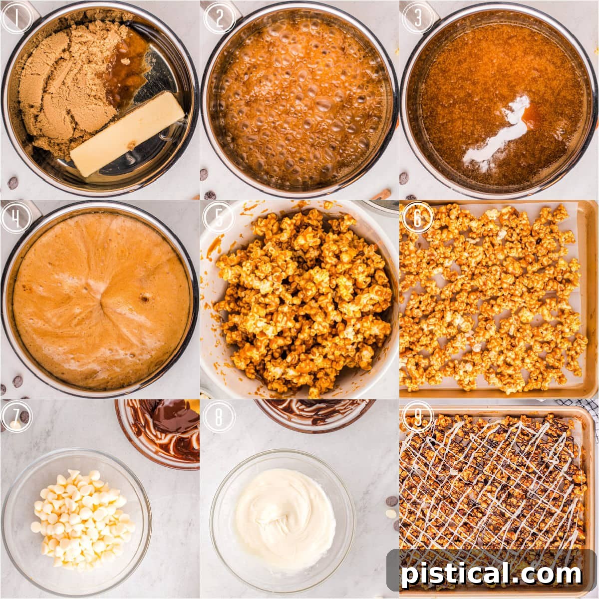 nine image collage showing how to make zebra popcorn step by step. 