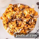 top down look at caramel corn in white bowl on marble surface. popcorn has been drizzled with white and dark chocolate.