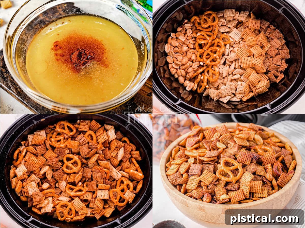 A four-image collage demonstrating the step-by-step process of making crockpot Chex Mix, from combining ingredients to the finished product.