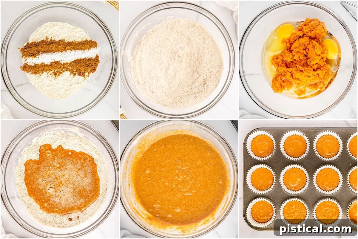Decadent Pumpkin Cupcakes with Silky Cream Cheese Frosting 5 A six-image collage illustrating the step-by-step process of making pumpkin cupcakes, from mixing ingredients to baking.