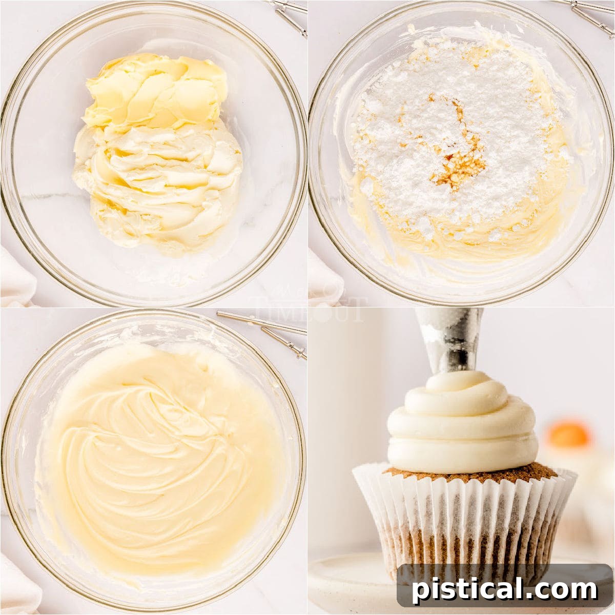Decadent Pumpkin Cupcakes with Silky Cream Cheese Frosting 6 A four-image collage demonstrating how to make cream cheese frosting, culminating in the final image of frosting being piped onto a pumpkin cupcake.