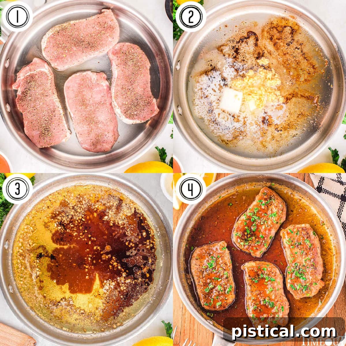 A four-image collage demonstrating the step-by-step process of preparing honey garlic pork chops in a skillet, from searing to glazing.