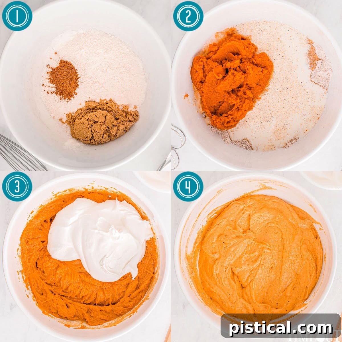 A four-image collage demonstrating the step-by-step process of making pumpkin mousse, from combining ingredients to gently folding in whipped topping.