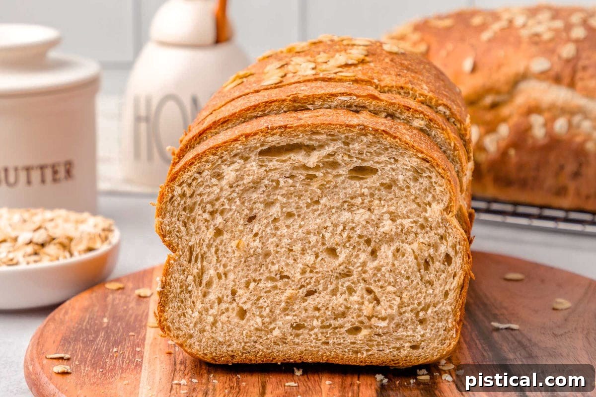 loaf of whole wheat board on a wood board with the end cut off.