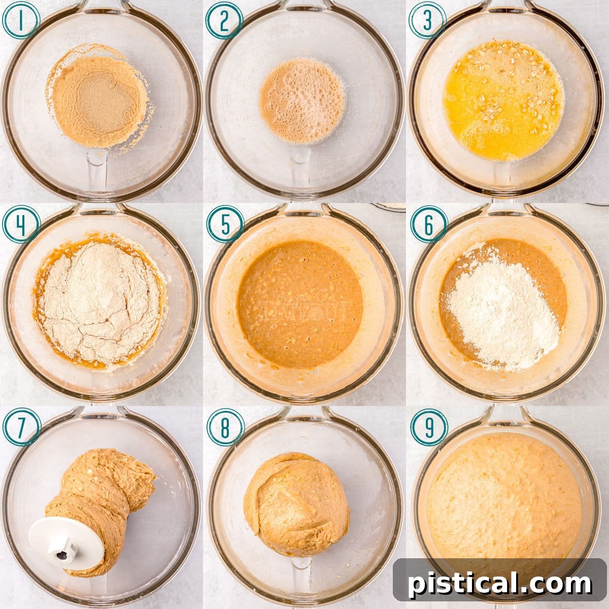nine image collage showing how to make whole wheat bread dough in a glass bowl.