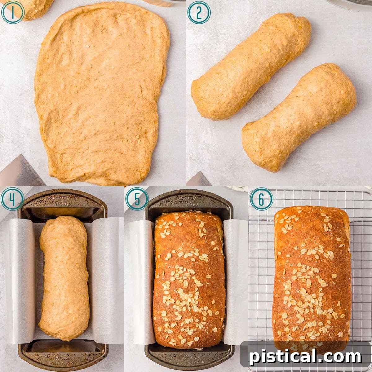 five image collage showing how to roll out and bake two loaves of whole wheat bread.