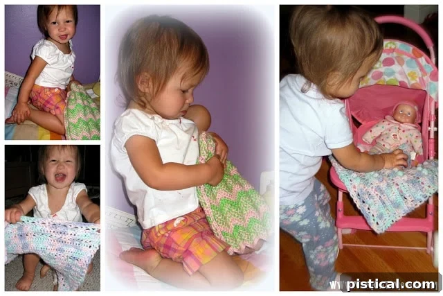 Crochet Patterns for Cozy Doll Blankets 4 Toddler playing with baby doll and handmade crochet blanket