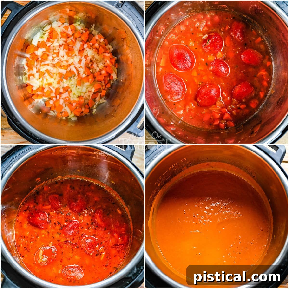 A four-image collage illustrating the step-by-step process of making tomato soup in an Instant Pot, from sautéing to blending.