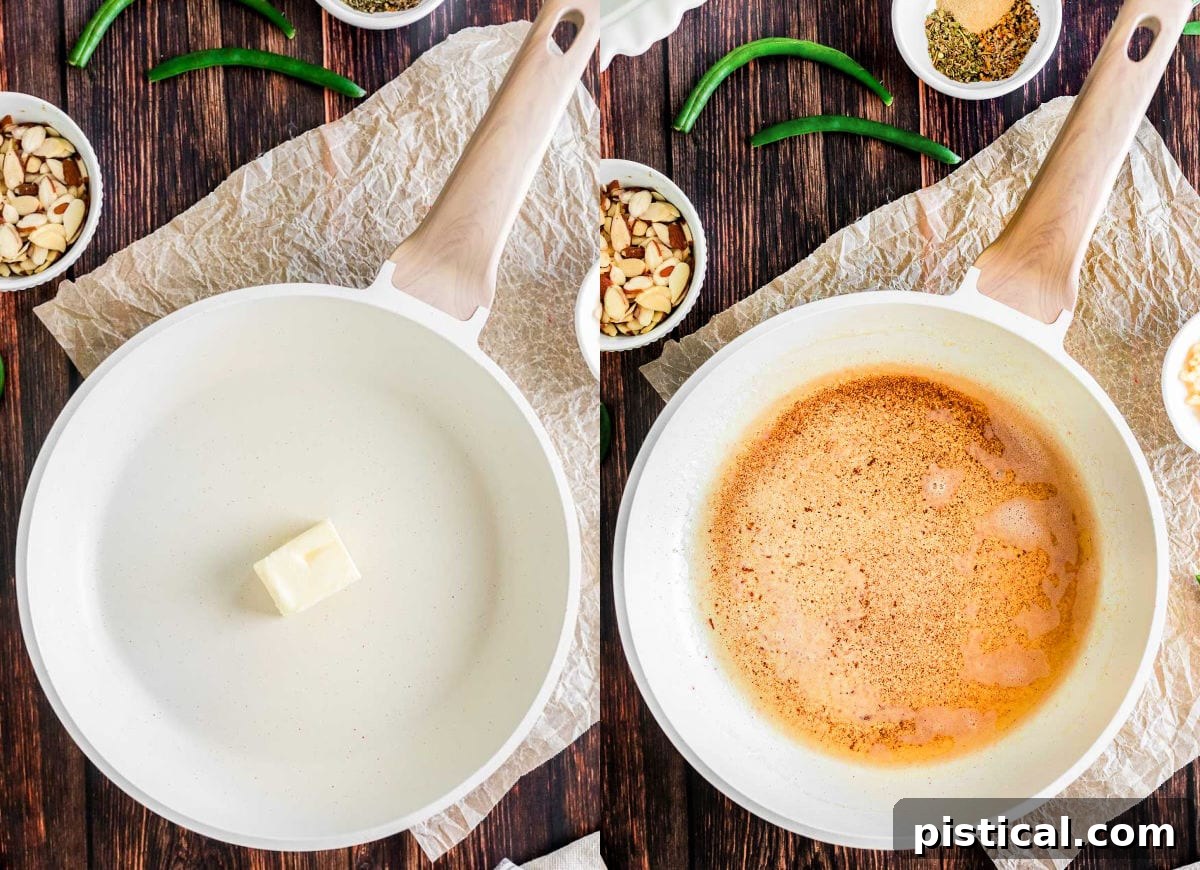 A two-image collage illustrating the process of browning butter in a white skillet, showing butter melting and then transforming into a golden, nutty brown.