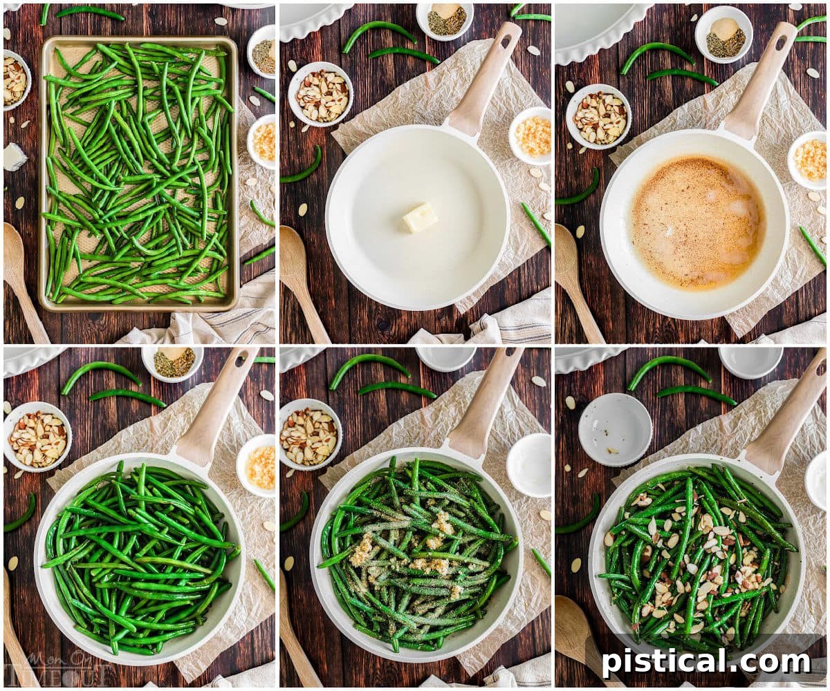 A six-image collage displaying a step-by-step visual guide on how to prepare garlic green beans, from roasting to final sautéing with almonds.