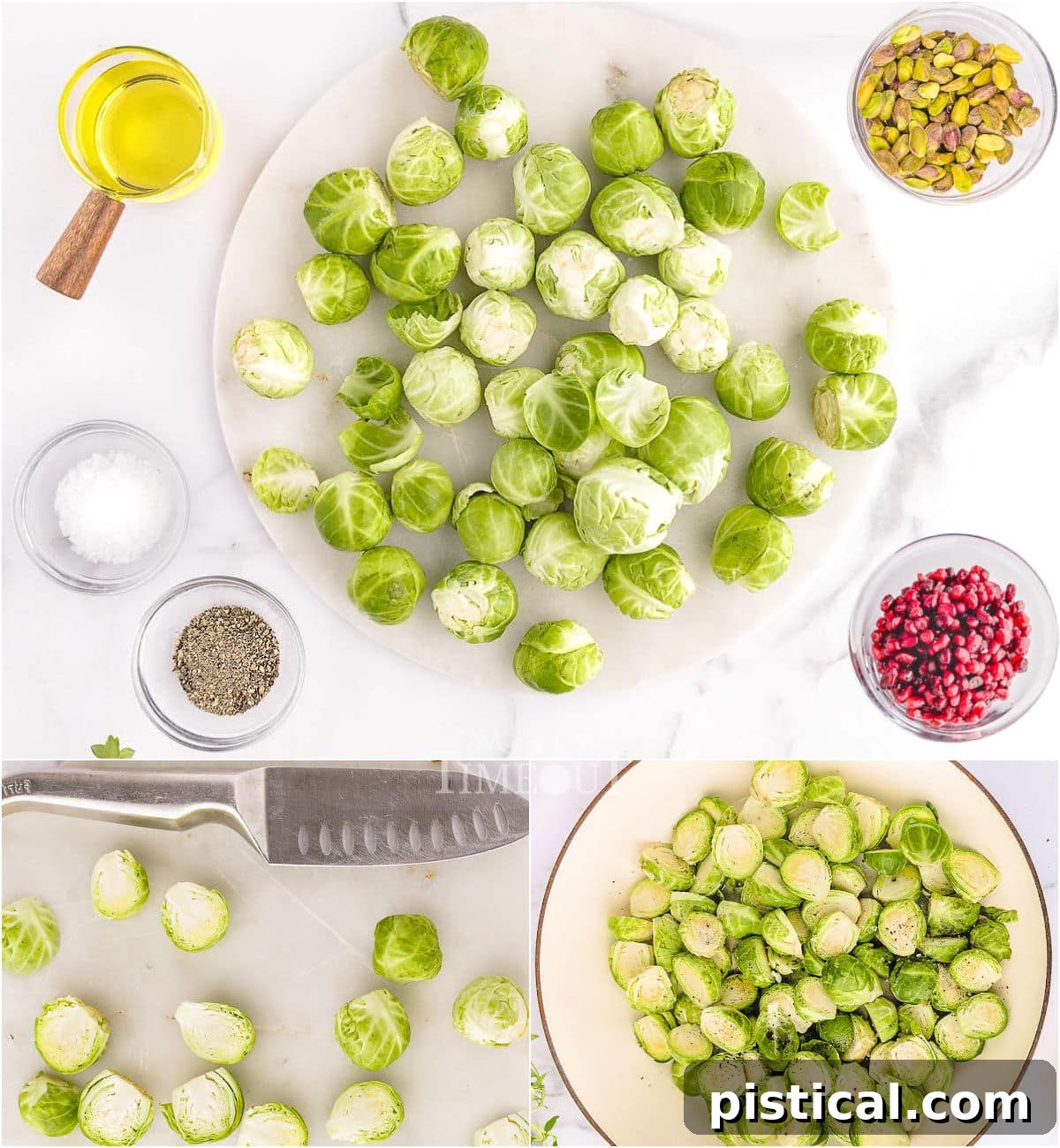 three image collage showing how to roast brussels sprouts step by step.