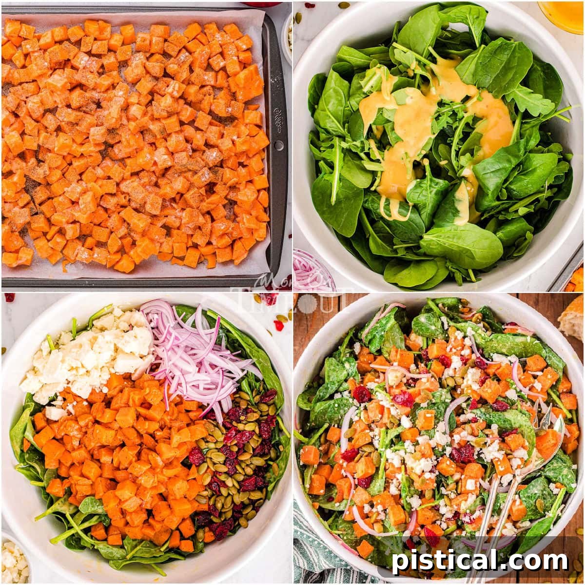 four image collage showing how to assemble sweet potato salad.