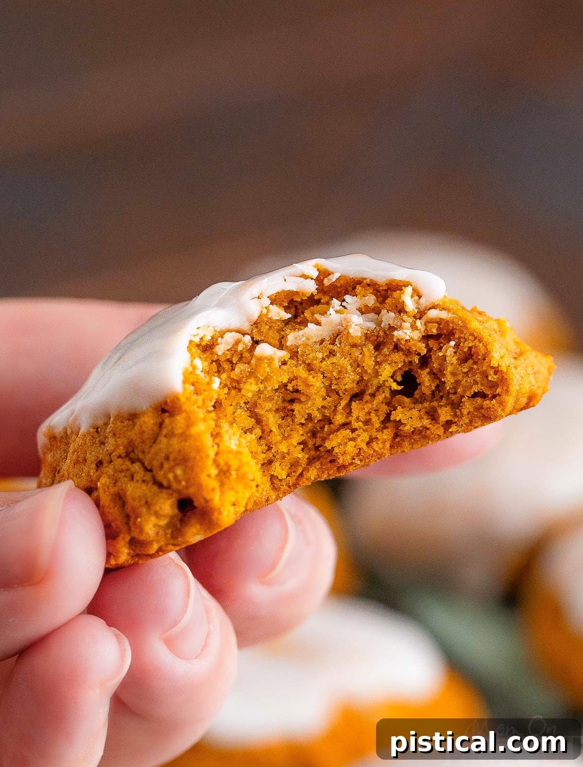 A perfectly baked pumpkin oatmeal cookie, with a bite taken out, held above a plate of more cookies, showcasing its soft, chewy texture and vanilla icing.