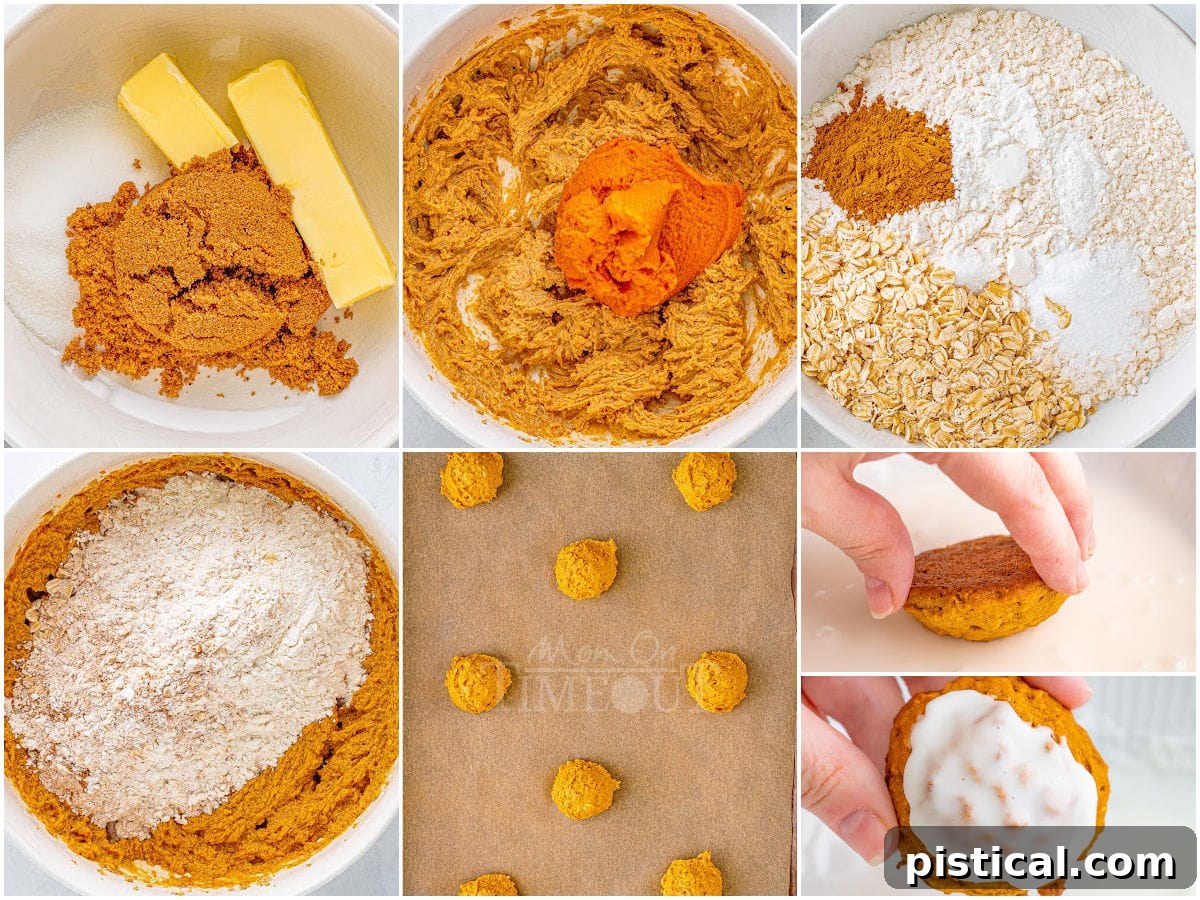 A seven-image collage illustrating the step-by-step process of baking pumpkin oatmeal cookies, from mixing ingredients to applying the vanilla icing.