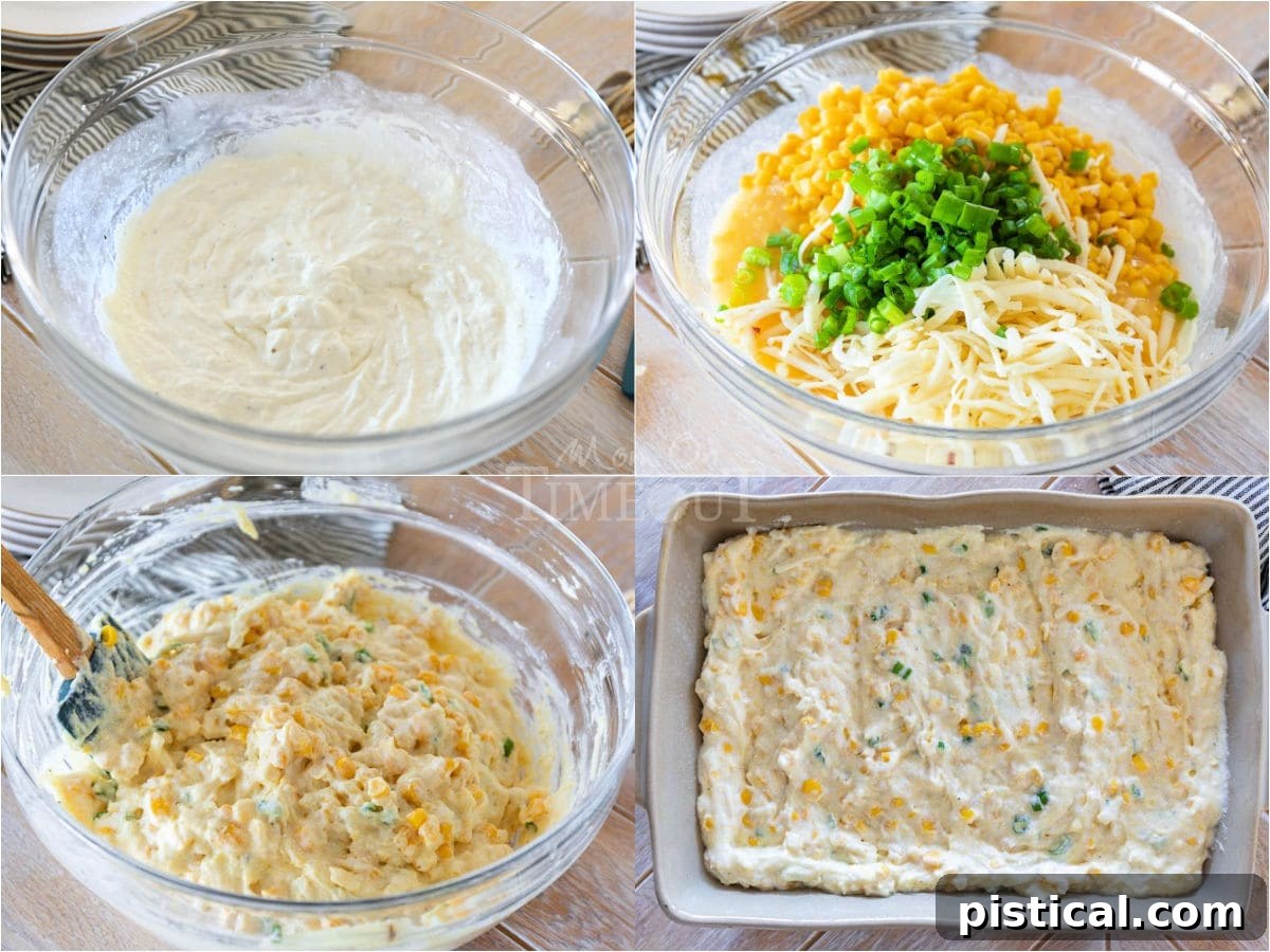 A four-image collage demonstrating the step-by-step process of making corn casserole, from mixing ingredients to the final baked dish.
